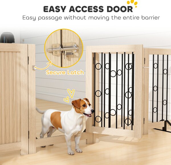 PawHut 4 Panel Freestanding Pet Gate, Indoor Dog Barrier with Lockable Door, Support Feet, 360° Flexible Hinges, Oak
