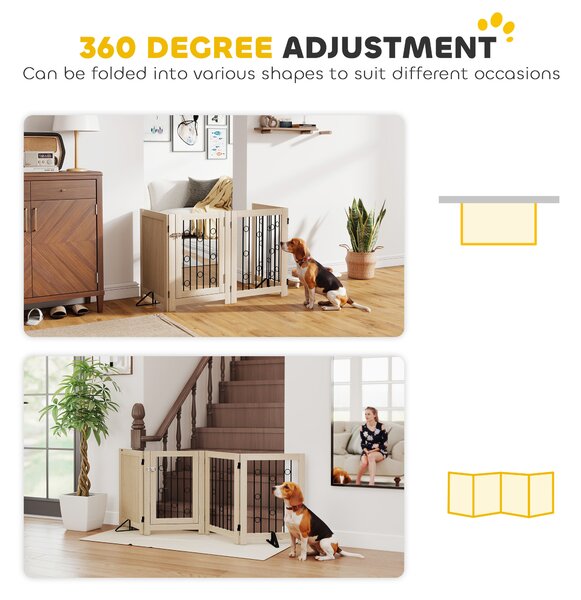 PawHut 4 Panel Freestanding Pet Gate, Indoor Dog Barrier with Lockable Door, Support Feet, 360° Flexible Hinges, Oak