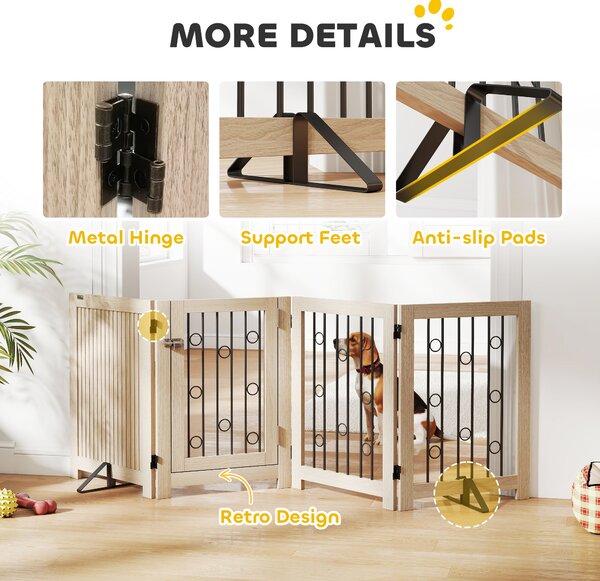 PawHut 4 Panel Freestanding Pet Gate, Indoor Dog Barrier with Lockable Door, Support Feet, 360° Flexible Hinges, Oak
