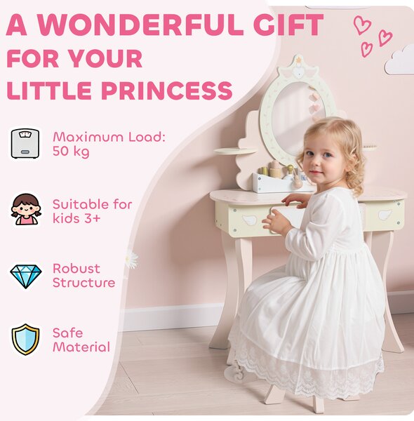AIYAPLAY Kids Dressing Table, Girls Vanity Set with Mirror and Stool, 7 Play Accessories, Drawer, Desktop Storage, Pink