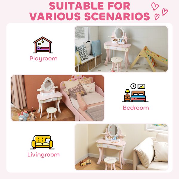 AIYAPLAY Kids Dressing Table, Girls Vanity Set with Mirror and Stool, 7 Play Accessories, Drawer, Desktop Storage, Pink