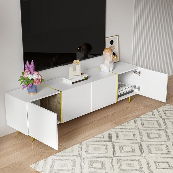 High-gloss TV Cabinet with 4 Soft-close Doors, Generous MDF Storage, Durable TV Stand for Elegant Living Room, 170L x 35W x 46H cm, White Aosom UK