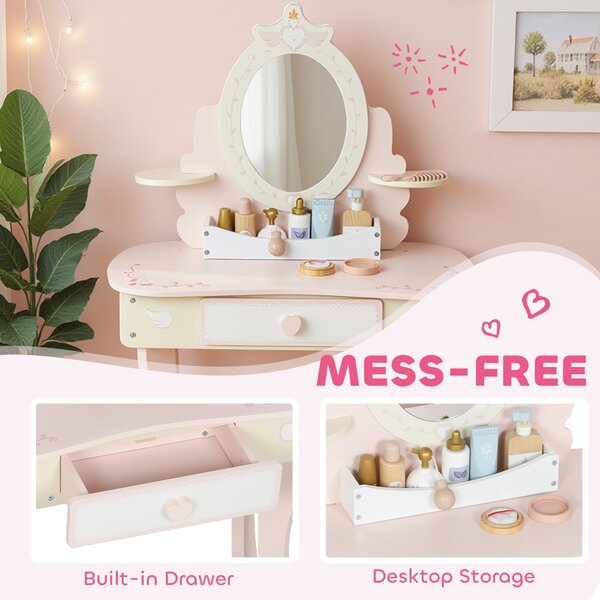 AIYAPLAY Kids Dressing Table, Girls Vanity Set with Mirror and Stool, 7 Play Accessories, Drawer, Desktop Storage, Pink