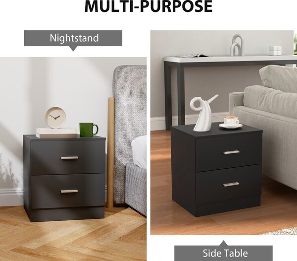 HOMCOM Modern Bedside Table, Beside Cabinet with 2 Drawers, for Bedroom, Living Room, Black