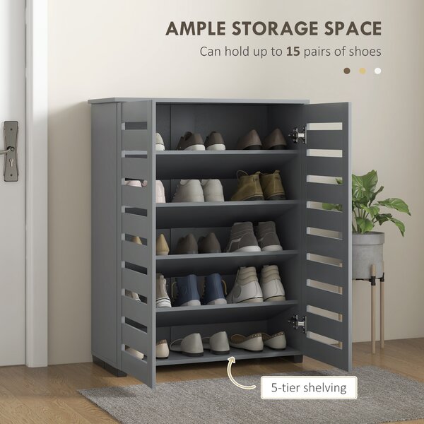 HOMCOM Narrow Shoe Cabinet for Entryway, Slim 5-Tier Shoe Storage Cupboard with Slatted Doors & Adjustable Shelves, Grey Aosom UK