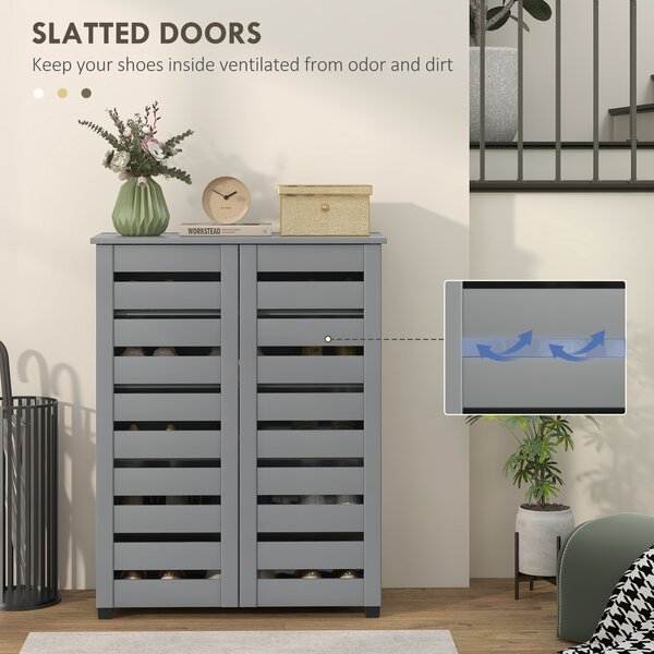 HOMCOM Narrow Shoe Cabinet for Entryway, Slim 5-Tier Shoe Storage Cupboard with Slatted Doors & Adjustable Shelves, Grey Aosom UK