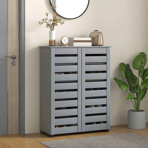 HOMCOM Narrow Shoe Cabinet for Entryway, Slim 5-Tier Shoe Storage Cupboard with Slatted Doors & Adjustable Shelves, Grey Aosom UK
