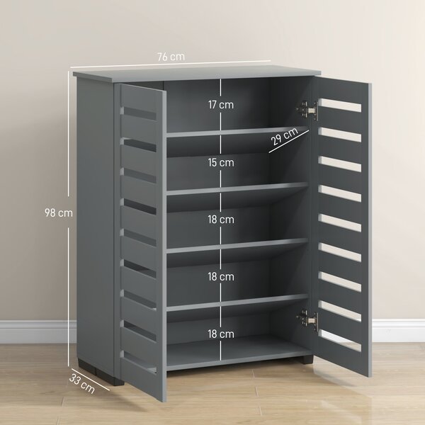 HOMCOM Narrow Shoe Cabinet for Entryway, Slim 5-Tier Shoe Storage Cupboard with Slatted Doors & Adjustable Shelves, Grey Aosom UK