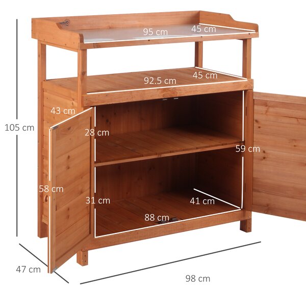 Outsunny Potting Bench Table, Multi-function, with Storage Cabinet, Galvanized Table Top, Wooden Planting Workstation, 98cm x 47cm x 105cm Aosom UK