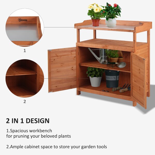 Outsunny Potting Bench Table, Multi-function, with Storage Cabinet, Galvanized Table Top, Wooden Planting Workstation, 98cm x 47cm x 105cm Aosom UK