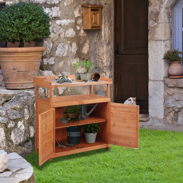 Outsunny Potting Bench Table, Multi-function, with Storage Cabinet, Galvanized Table Top, Wooden Planting Workstation, 98cm x 47cm x 105cm Aosom UK
