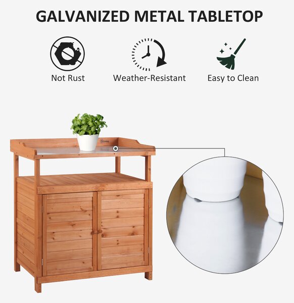 Outsunny Potting Bench Table, Multi-function, with Storage Cabinet, Galvanized Table Top, Wooden Planting Workstation, 98cm x 47cm x 105cm Aosom UK