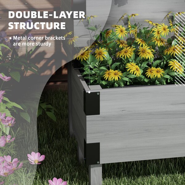 Outsunny Raised Garden Bed with Trellis, 2-Tier Wooden Elevated Planter Box for Vegetables, Flowers, Herbs, Grey