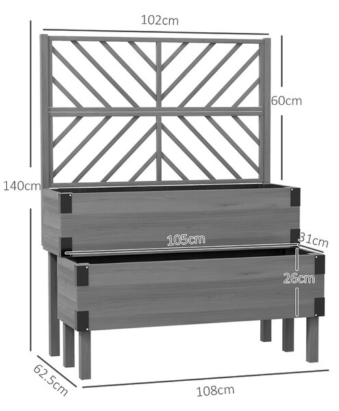 Outsunny Raised Garden Bed with Trellis, 2-Tier Wooden Elevated Planter Box for Vegetables, Flowers, Herbs, Grey