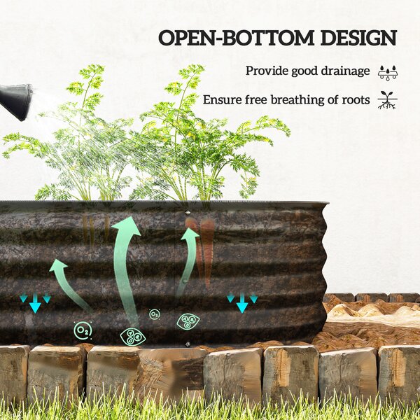 Outsunny Galvanised Raised Garden Bed, Metal Planter Box with Safety Edging, for Flowers, Herbs, Succulents, Black
