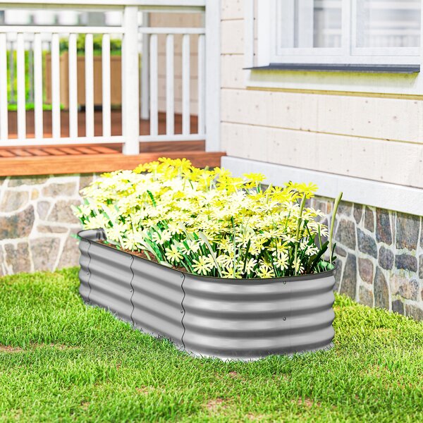 Outsunny Galvanised Raised Garden Bed, Metal Planter Box with Safety Edging, for Flowers, Herbs, Succulents, Silver