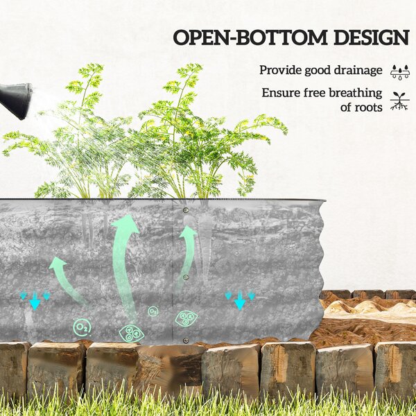 Outsunny Galvanised Raised Garden Bed, Metal Planter Box with Safety Edging, for Flowers, Herbs, Succulents, Silver