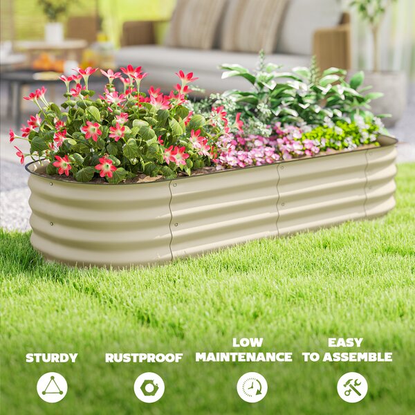 Outsunny Galvanised Raised Garden Bed, Metal Planter Box with Safety Edging, for Flowers, Herbs, Succulents, Cream White