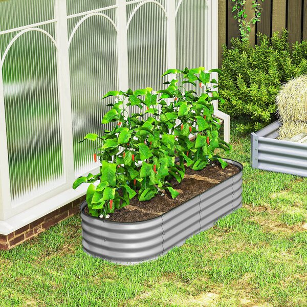 Outsunny Galvanised Raised Garden Bed, Metal Planter Box with Safety Edging, for Flowers, Herbs, Succulents, Silver