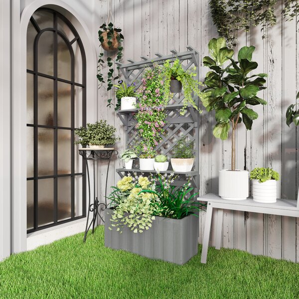 Outsunny 52L Wooden Planter with Trellis, Freestanding Raised Bed for Garden with Hanging Roof, Shelves, Drainage Holes and Bed Liner, Outdoor Planter Box for Climbing Plants Vegetables Flowers, Grey