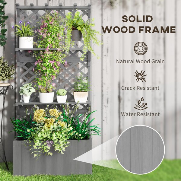 Outsunny 52L Wooden Planter with Trellis, Freestanding Raised Bed for Garden with Hanging Roof, Shelves, Drainage Holes and Bed Liner, Outdoor Planter Box for Climbing Plants Vegetables Flowers, Grey