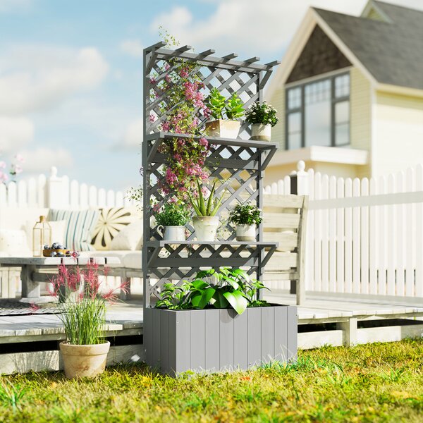 Outsunny 52L Wooden Planter with Trellis, Freestanding Raised Bed for Garden with Hanging Roof, Shelves, Drainage Holes and Bed Liner, Outdoor Planter Box for Climbing Plants Vegetables Flowers, Grey