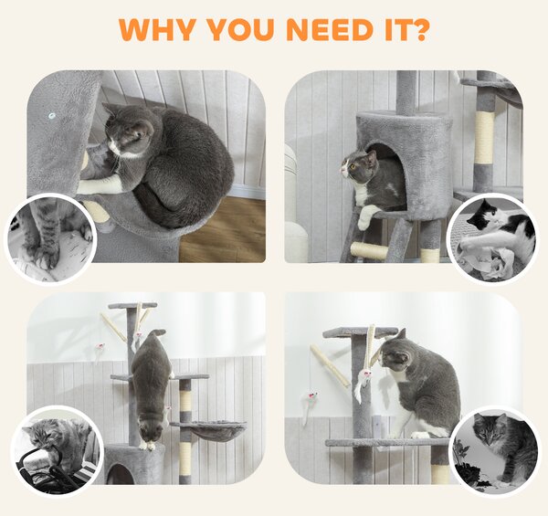 PawHut Multi-Level Cat Tower, 134cm Cat Tree with Condo and Sisal Scratching Posts for Indoor Kittens, Grey