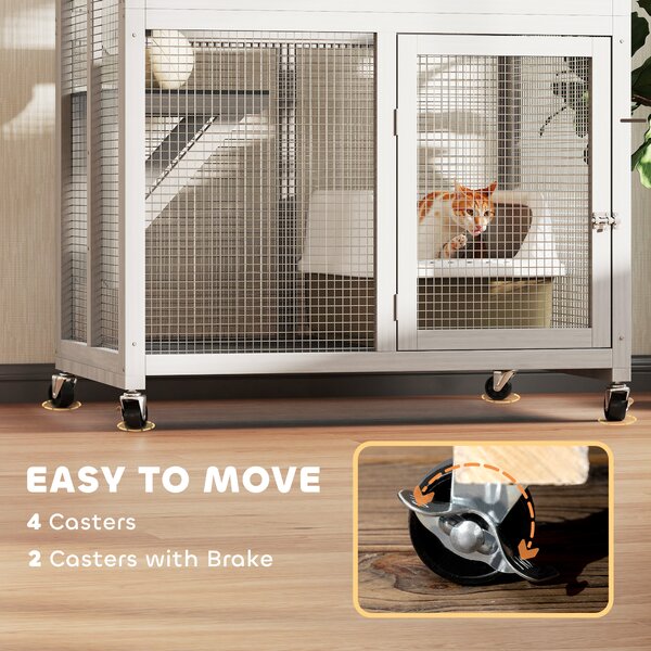 PawHut Wooden Catio Cat Outdoor Enclosure, Cat Cage with Waterproof Roof, Platforms, for Multiple Cats, White Aosom UK