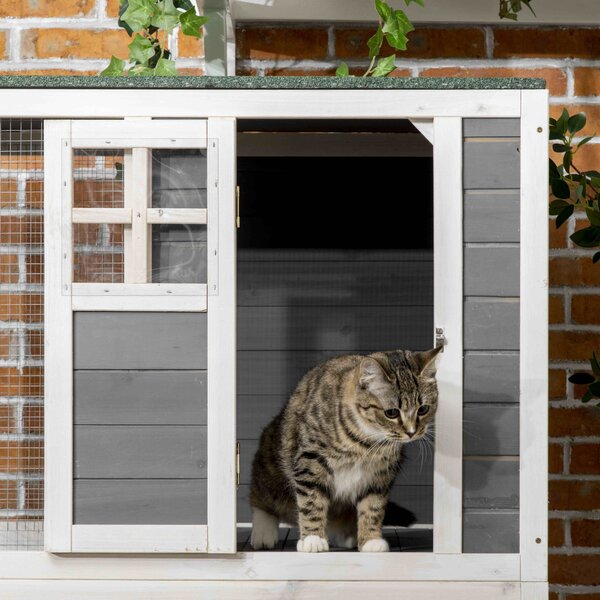 PawHut Wooden Catio Cat Outdoor Enclosure, Cat Cage with Waterproof Roof, Platforms, for Multiple Cats, White Aosom UK