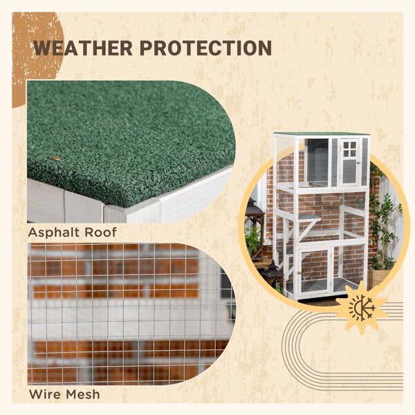 PawHut Wooden Catio Cat Outdoor Enclosure, Cat Cage with Waterproof Roof, Platforms, for Multiple Cats, White Aosom UK