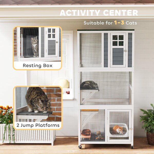 PawHut Wooden Catio Cat Outdoor Enclosure, Cat Cage with Waterproof Roof, Platforms, for Multiple Cats, White Aosom UK