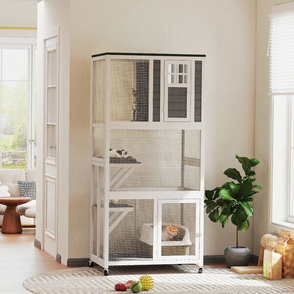 PawHut Wooden Catio Cat Outdoor Enclosure, Cat Cage with Waterproof Roof, Platforms, for Multiple Cats, White Aosom UK
