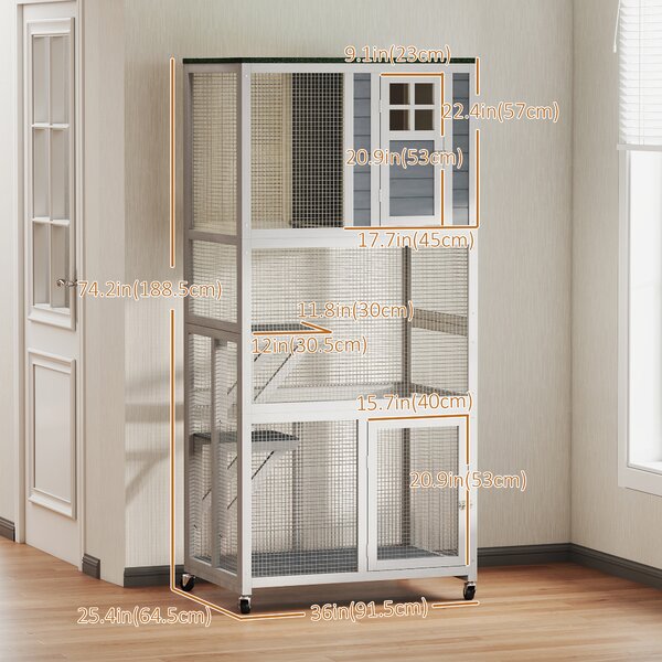 PawHut Wooden Catio Cat Outdoor Enclosure, Cat Cage with Waterproof Roof, Platforms, for Multiple Cats, White Aosom UK