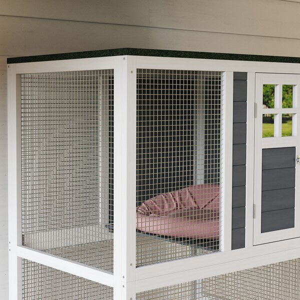 PawHut Wooden Catio Cat Outdoor Enclosure, Cat Cage with Waterproof Roof, Platforms, for Multiple Cats, White Aosom UK