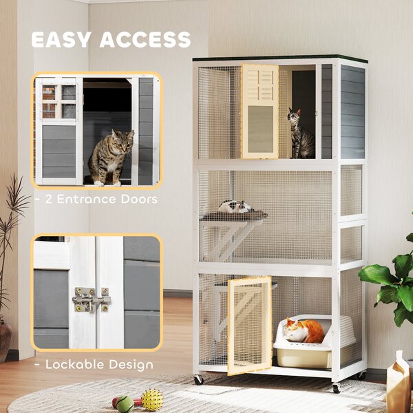 PawHut Wooden Catio Cat Outdoor Enclosure, Cat Cage with Waterproof Roof, Platforms, for Multiple Cats, White Aosom UK