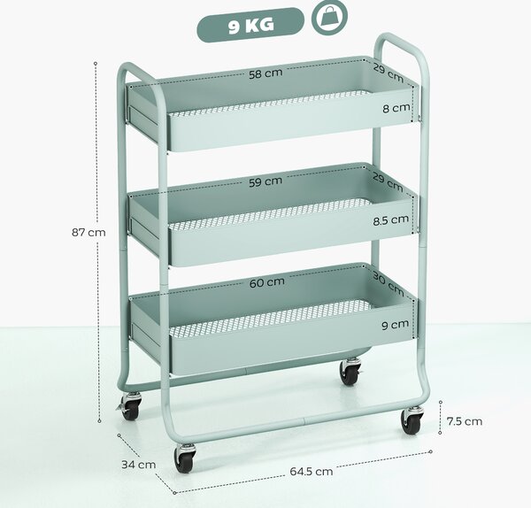 HOMCOM 3-Tier Storage Trolley on Wheels, Rolling Utility Cart with Mesh Backets for Kitchen, Bathroom, Bedroom, Light Green