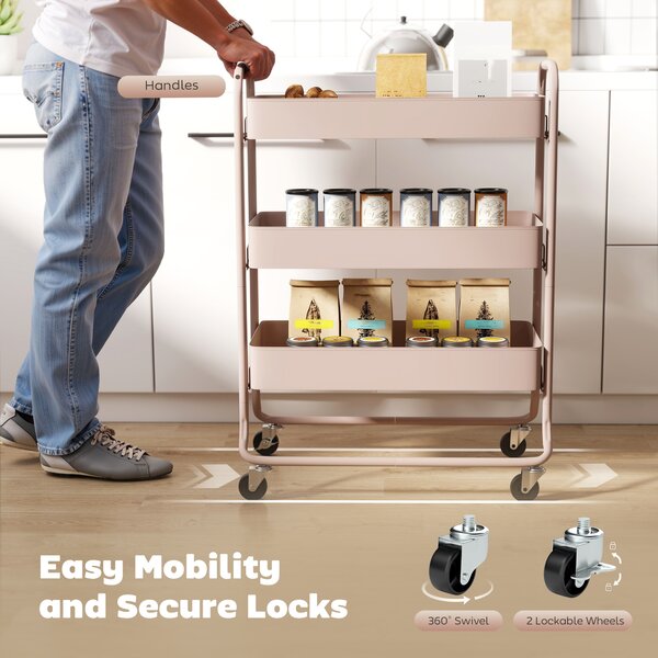 HOMCOM 3-Tier Storage Trolley on Wheels, Rolling Utility Cart with Mesh Backets for Kitchen, Bathroom, Bedroom, Light Pink