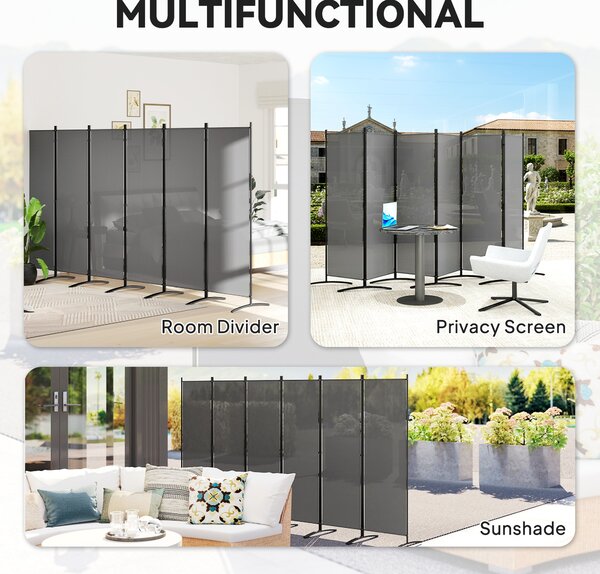 Outsunny 6 Panel Folding Room Divider Foldable Freestanding Garden Privacy Screen, 332 x 172 cm, Dark Grey