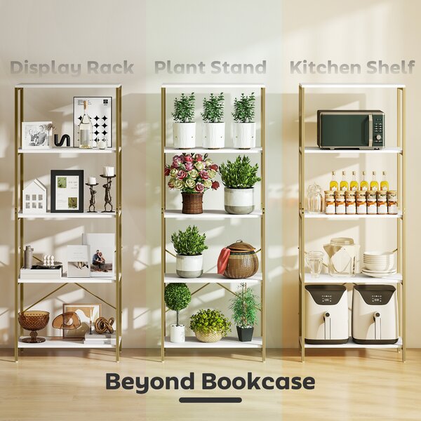 HOMCOM 5-Tier Bookshelf, Modern Bookcase with Metal Frame - White and Gold Tone