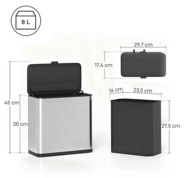 HOMCOM 8L Hanging Kitchen Bin, Rubbish bin with Lid and Removable Inner Bucket for Under Cabinet Door, Under Sink, Office