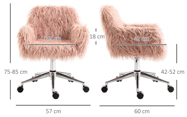 Vinsetto Faux Fur Desk Chair, Rolling Swivel Makeup Chair with Adjustable Height, Armrets for Home Office, Bedroom, Pink
