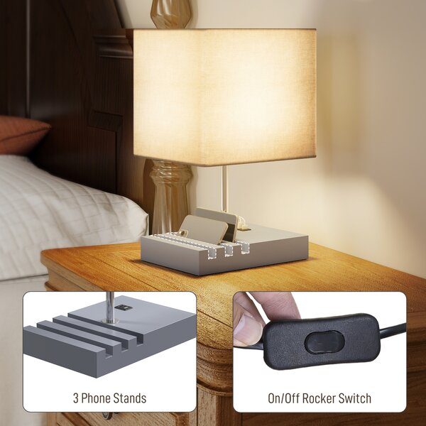 HOMCOM Bedside Lamp with USB A+C Charging Ports and 3 Phone Stands, Modern Table Lamp with Solid Wood Base and Fabric Shade for Bedroom Living Room Office, E27 Socket, Bulb Not Included, Grey