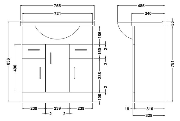 Mayford 3 Door 2 Drawer Vanity Unit with Round Basin