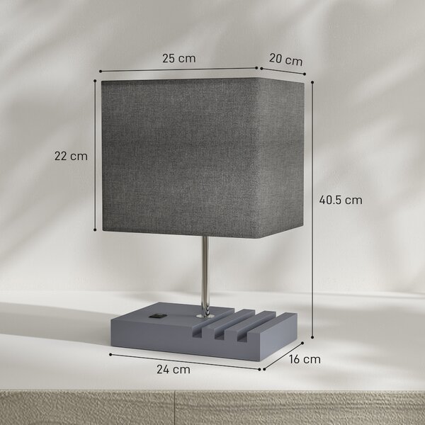 HOMCOM Bedside Lamp with USB A+C Charging Ports and 3 Phone Stands, Modern Table Lamp with Solid Wood Base and Fabric Shade for Bedroom Living Room Office, E27 Socket, Bulb Not Included, Grey