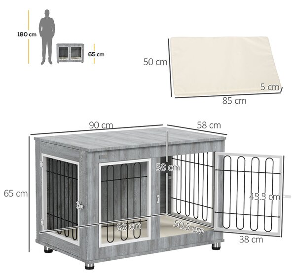PawHut Dog Crate Furniture End Table, with Washable Cushion, Double Doors, for Medium/Large Dogs, Grey