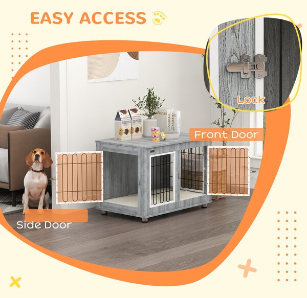 PawHut Dog Crate Furniture End Table, with Washable Cushion, Double Doors, for Medium/Large Dogs, Grey