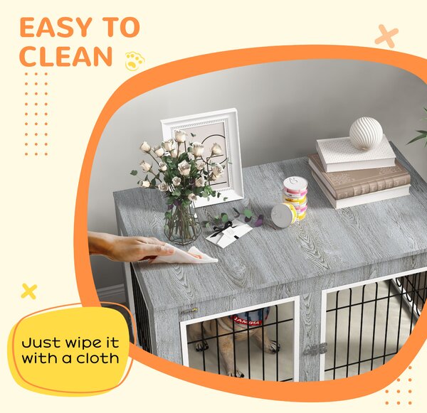 PawHut Dog Crate Furniture End Table, with Washable Cushion, Double Doors, for Medium/Large Dogs, Grey