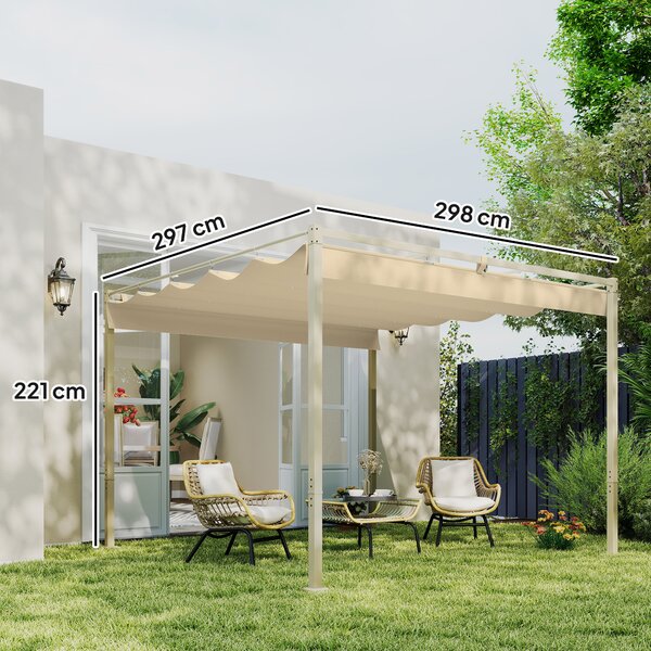 Outsunny 3 x 3(m) Garden Pergola with Retractable Roof and Magnetic Fixture, Outdoor Gazebo Pergola Kit Sun Shade Canopy, UPF30+, Khaki