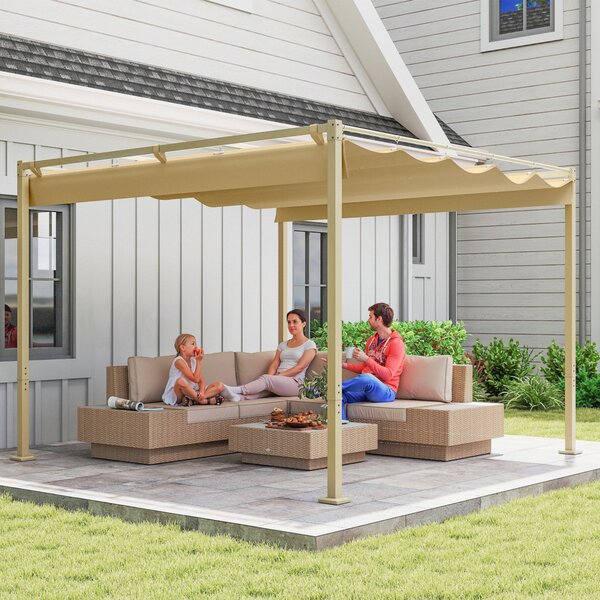 Outsunny 3 x 3(m) Garden Pergola with Retractable Roof and Magnetic Fixture, Outdoor Gazebo Pergola Kit Sun Shade Canopy, UPF30+, Khaki