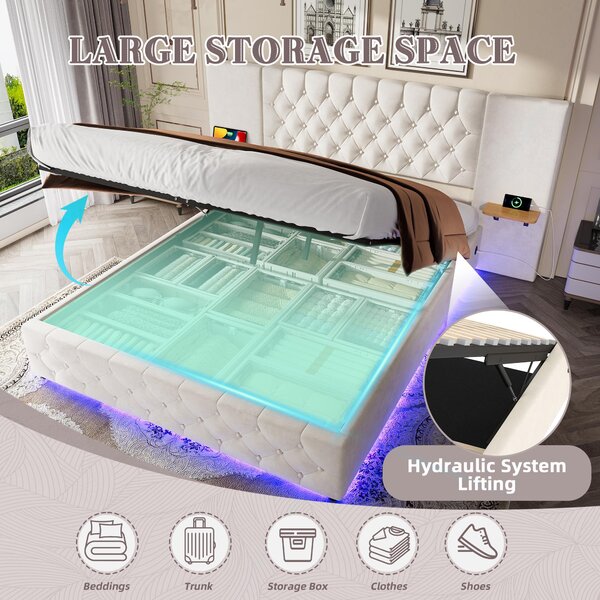 Modern Bed Frame with Wide Button-Tufted Headboard, Integrated LED Lighting, Bed Base with USB-C Ports, 209L x 221W x 103H cm, Beige Aosom UK